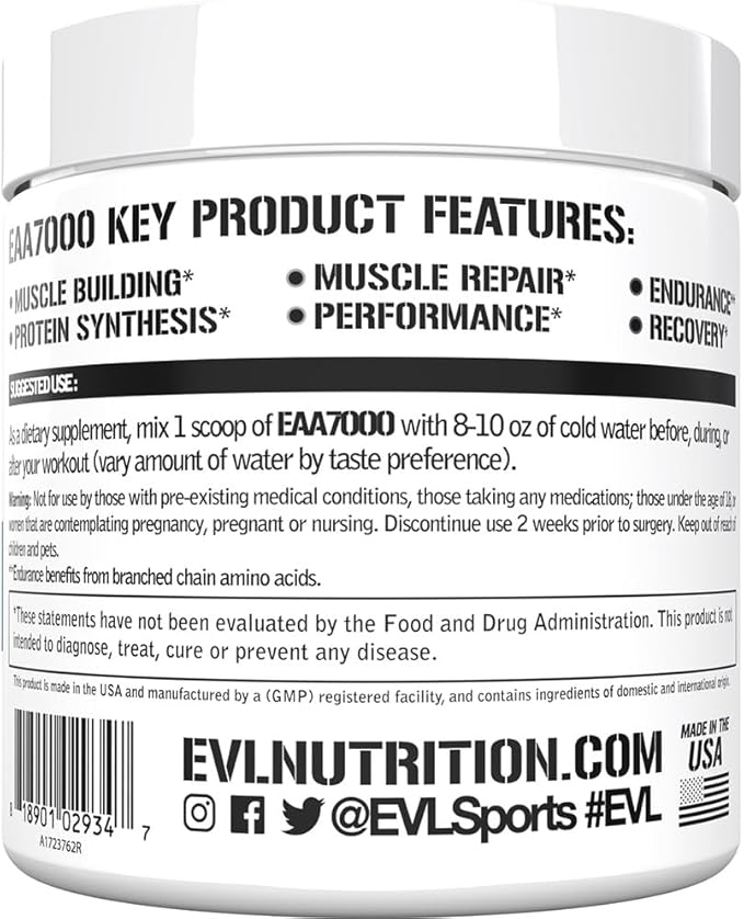 Evlution EAAs Amino Acids Powder - EAA Essential Amino Acids Pre &amp Post Workout Powder for Muscle Building Endurance and Recovery Support with 7g per Serving Plus 5g BCAAs (Unflavored 30 Servings