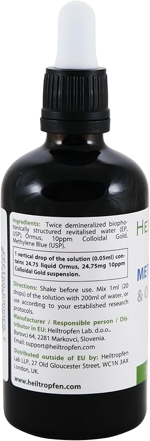 Methylene Blue &amp Ormus &amp Gold 3.4 Fl Oz - 100 ml | Ultra High Purity | with 10 ppm Colloidal Gold 24K | Glass Bottle | Third-Party Tested | Heiltropfen®