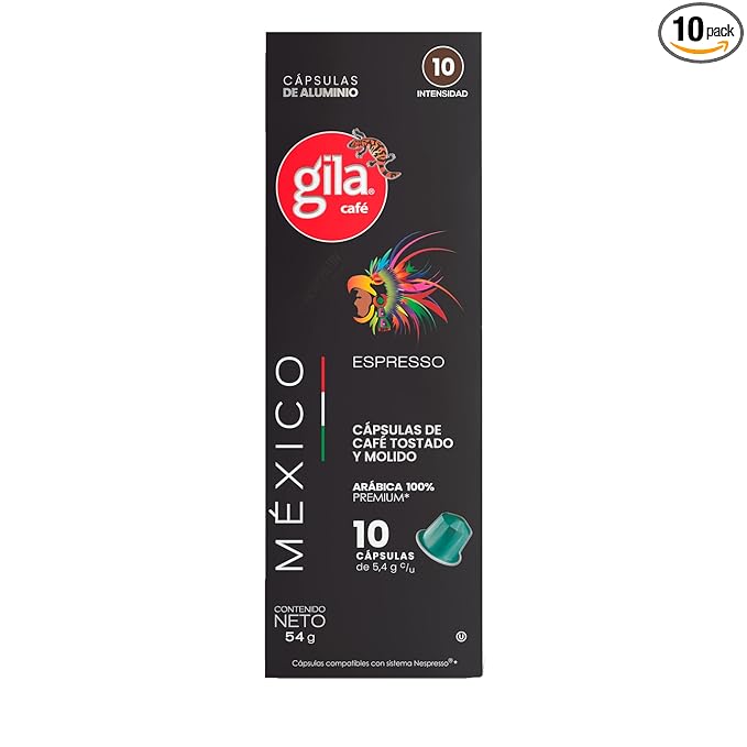 GILA Café Mexico Aluminum Coffee Capsules – Dark Roast Espresso Pods Compatible with Nespresso Original Machines – 100% Mexican Arabica Coffee Chocolate &amp Nut Flavor Notes 10 Count