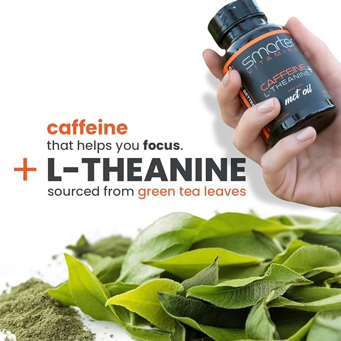 SmarterVitamins 200mg Caffeine Pills - MCT Oil from 100% Coconuts + 100mg L-Theanine Energy and Focus Extended Release Capsule 50 Liquid Softgels