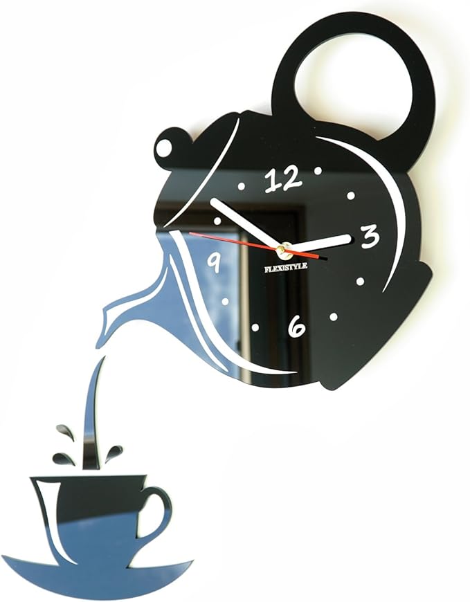 FLEXISTYLE Modern Kitchen Wall Clock Cup and Jug Black 45 cm x 45 cm 3D Silent Design Made in EU