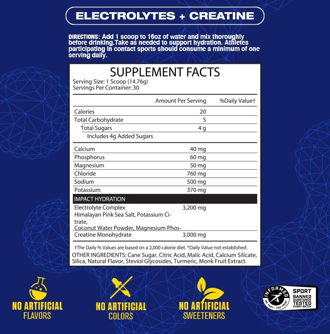 MHP Impact Hydration Electrolyte Creatine Sports Drink Mix No Artificial Sweeteners or Colors Performance Strength Recovery Lemon Lime 30 Servings