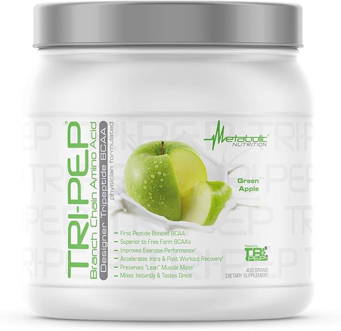 Metabolic Nutrition - TRIPEP - Tri-Peptide Branch Chain Amino Acid BCAA Powder Pre Intra Post Workout Supplement Green Apple 400 Grams (40 Servings)