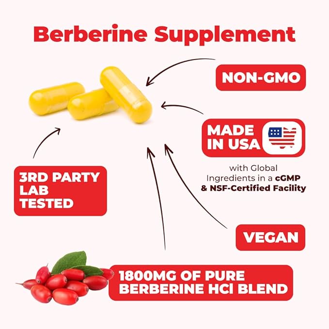 Vimerson Health Berberine Supplement with Third Party Tested Berberine 1800mg - Immune Support Supplement for Cardiovascular Gastrointestinal Function &amp Metabolic Aid - Vegan &amp Non-GMO