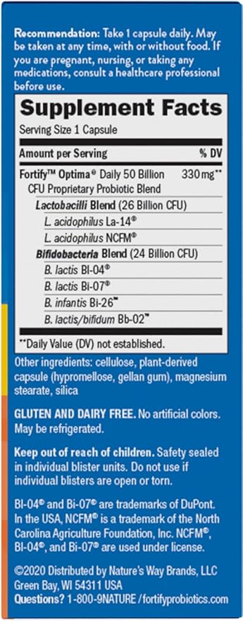 Nature's Way Fortify Optima Probiotic for Men and Women 50 Billion Live Cultures 6 Strains Supports Digestive and Immune Health* 30 Capsules (Packaging May Vary)