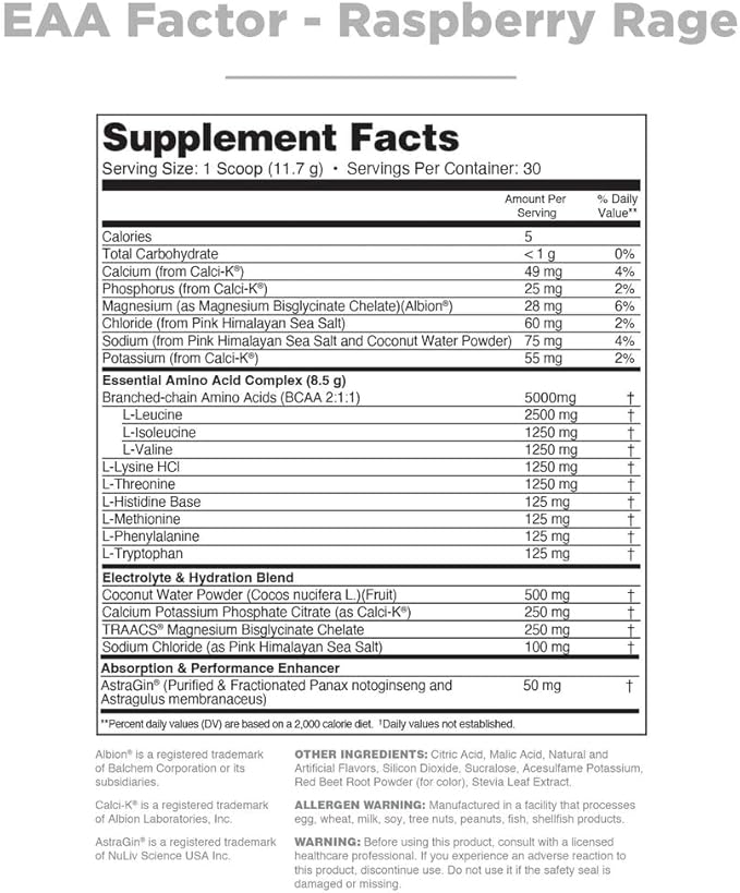 Nutrithority EAA Factor BCAA Essential Amino Acids Powder Raspberry Rage 30 Servings - Sugar &amp Caffeine Free Intra &amp Post Workout Drink with Electrolytes - Improve Muscle Recovery &amp Hydr