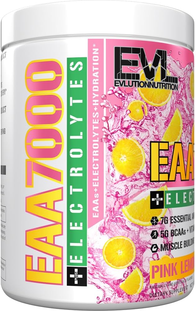 Evlution Nutrition EAA7000 + Electrolytes - Pre &amp Post Workout Powder - Muscle Building + Recovery Supplement - 7g EAAs + 5g BCAAs + 6 Key Electrolytes - Rapid Hydration - 30 Servings - Pink Lemon