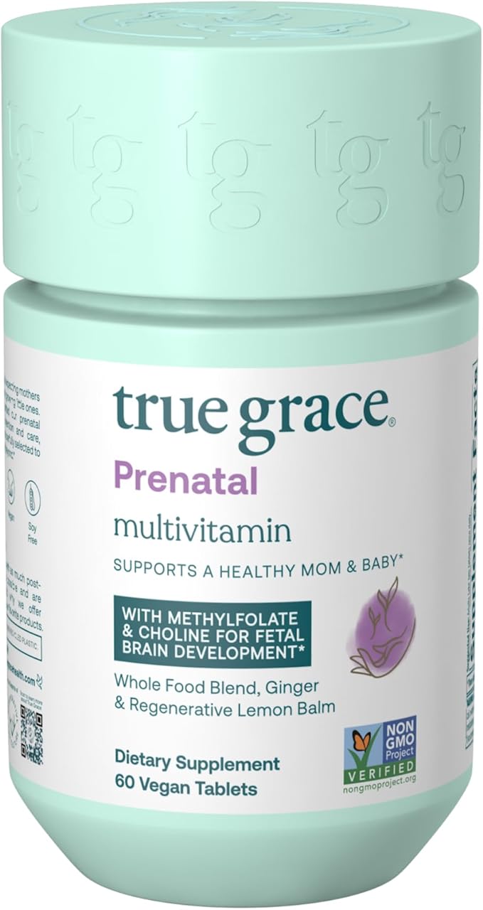 True Grace Prenatal Multivitamin - 30 Servings - Supports a Healthy Mom &amp Baby with Methylfolate &amp Choline for Fetal Brain Development - Gluten Free Soy Free - 60 Vegan Tablets