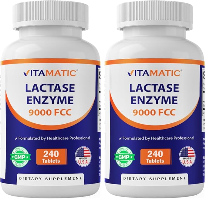 Vitamatic Lactase Enzyme 9000 FCC 240 Tablets - Lactose Intolerance Relief Caplets- 2 Pack