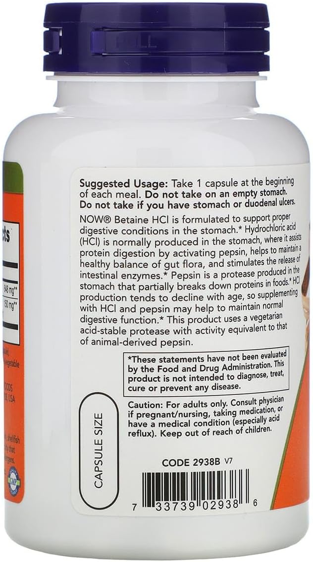 Now Foods Betaine HCl 648 mg with 150 mg of Pepsin 120 Capsules 2 Pack
