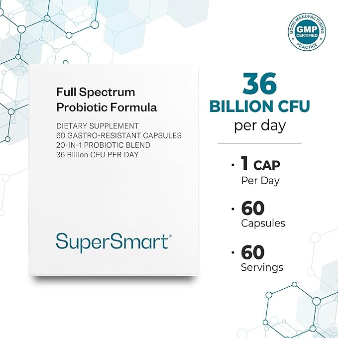 Supersmart Full Spectrum Probiotic Formula 36 Billion CFU per Day (20-in-1 Complex) - with Lactobacillus Reuteri Gasseri Rhamnosus Crispatus | Non-GMO &amp Gluten Free - 60 Vegetarian Capsules