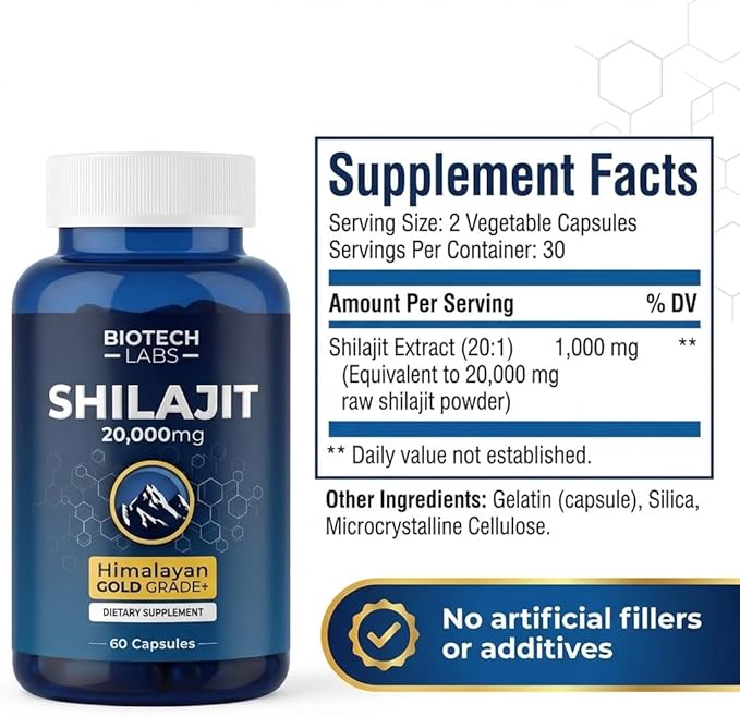 Biotech Labs Shilajit 20000mg – Gold Grade Himalayan Extract | High Fulvic Acid 85+ Trace Minerals | Energy Vitality &amp Testosterone Support | Men’s Wellness &amp Performance | 60 Capsules