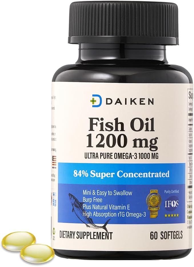 DAIKEN Mini Fish Oil 1200 mg rTG Omega 3 1000mg 60 Softgels High Absorption &amp Burpless Fish Oil for Healthy Heart Brain and Dry Eyes Support