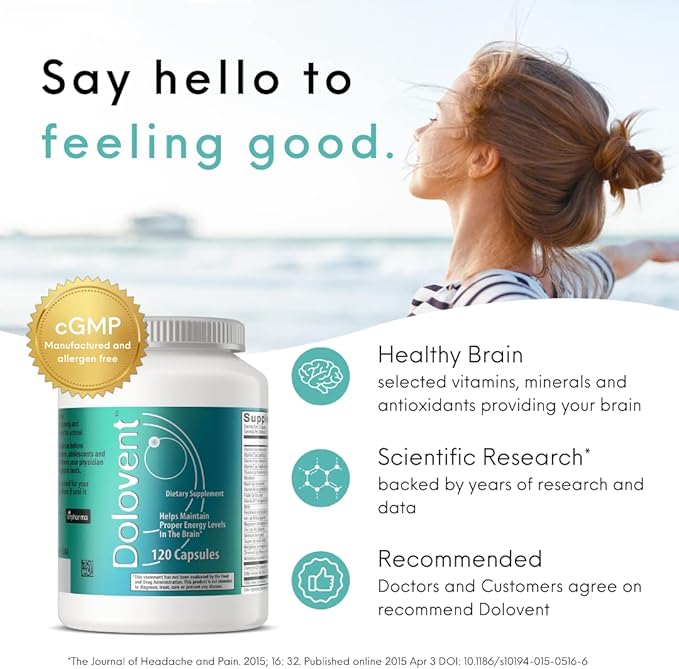 Dolovent - Natural Migraine Relief with Magnesium for Migraines Vitamin B2 400mg CoQ10 - Dietary Supplement for Brain Health - 1 Bottle