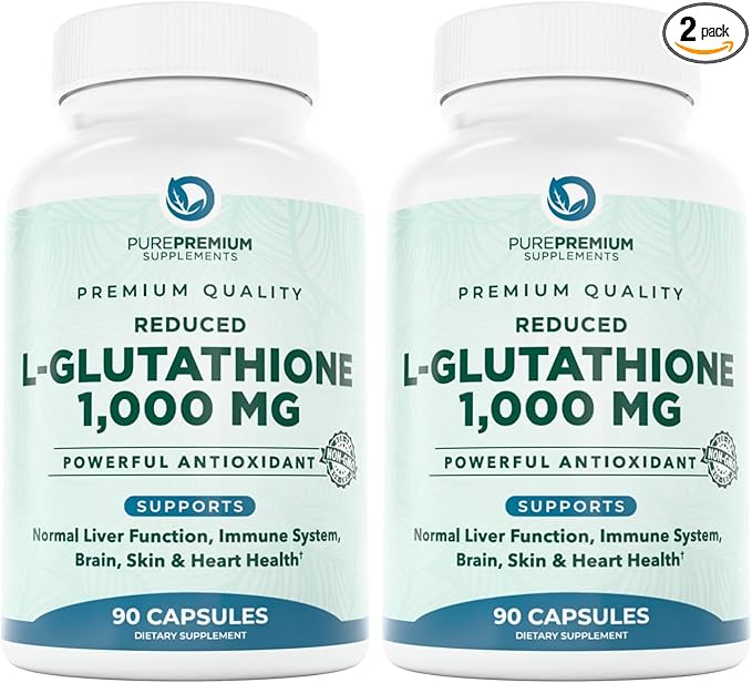 PurePremium Reduced Glutathione 1000mg Per Serving - 500mg Per Capsule – L-Glutathione Supplement &amp Antioxidant Support for Normal Liver Brain Skin &amp Heart Health – 90 Capsules (Pack of 2)