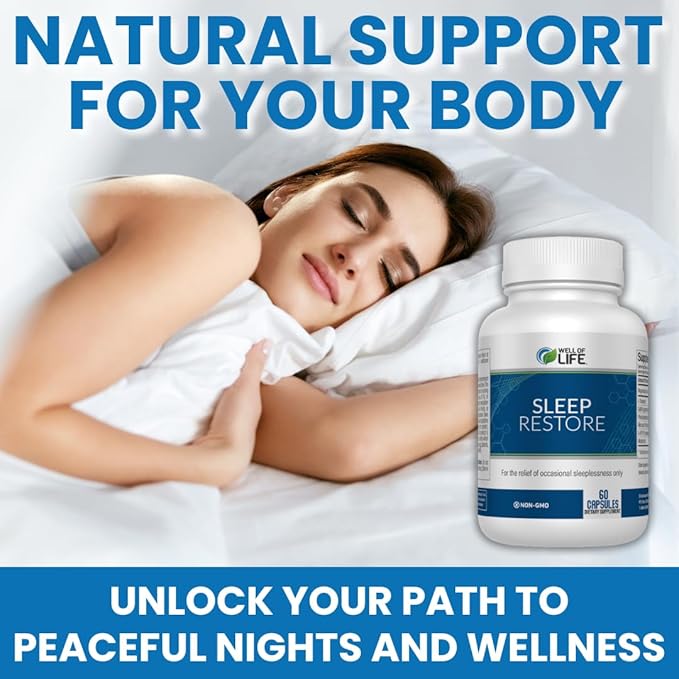 Well of Life Sleep Restore Supplement with Melatonin &amp Magnesium – Tranquil Sleep Support with L-Theanine GABA 5-HTP | Supports Relaxation &amp Calm Night Routine | 60 Vegan Capsules