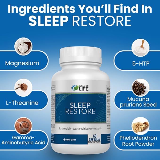 Well of Life Sleep Restore Supplement with Melatonin &amp Magnesium – Tranquil Sleep Support with L-Theanine GABA 5-HTP | Supports Relaxation &amp Calm Night Routine | 60 Vegan Capsules