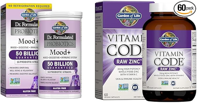 Garden of Life Dr. Formulated Probiotics Mood+ Acidophilus Probiotic Supplement &amp Zinc Supplements 30mg High Potency Raw Zinc and Vitamin C Multimineral Supplement