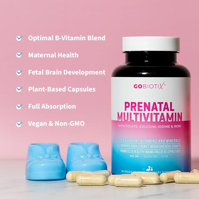 GOBIOTIX Prenatal Vitamins for Women - Multivitamins with Iron Calcium Vitamin D2 C Zinc &amp Folic Acid for Pregnancy - Pre and Postpartum Essentials - Non-GMO - 90 Capsules