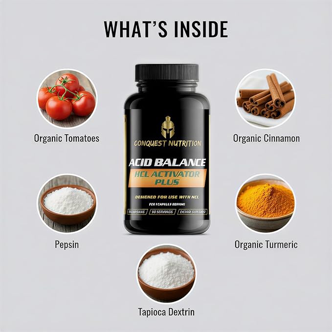 Acid Balance HCL Activator 90 Capsules Pepsin Digestive Enzyme Health Supplement Non-GMO Gluten-Free Vegan Nutrient Indegestion Support