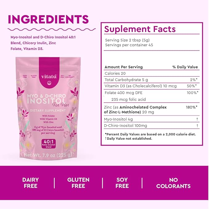 Vitatú | Myo Inositol (4g) &amp D-Chiro Inositol (1g) Ideal Mix 40:1 | Duration 45 Days | with Folic Acid + Vitamin D3 + Zinc Powdered Dietary Supplement for Women (225 g)