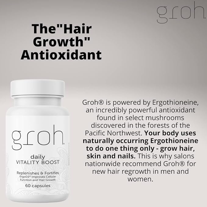 Groh Daily Vitality Boost - All Natural Hair Growth Supplement powered by ErgoD2 - Rich in Antioxidants - Vitamins for Stronger Hair Skin &amp Nails- Best Choice for Thinning Hair - 60 Count