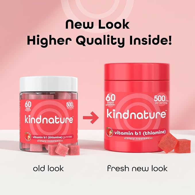kindnature Vitamin B1 Gummies 500mg – High Potency Thiamine Supplement for Energy Focus &amp Nervous System – Vegan Non-GMO Chewable B1 Vitamins for Adults &amp Kids – Natural Strawberry Flavor –