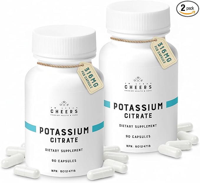 Cheers Potassium Citrate 20% Daily Value 316 mg per Capsule 90 Capsules Vegan Potassium Supplement for Adults Natural Mineral Electrolyte - Pack of 2