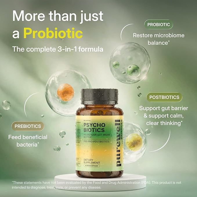 Psychobiotics – Advanced 3-in-1 Probiotic Prebiotic Postbiotic Supplement for Gut and Mood Support - 120 Vegan Probiotic Capsules – 50 Billion CFU - 2 Month Supply