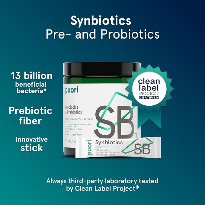 Puori Daily Probiotics &amp Prebiotics for Digetive &amp Gut Health - Immune Support Supplement with 13 Billion CFU &amp 4g Dietary Fiber - Shelf Stable for Bloating &amp Gas Relief