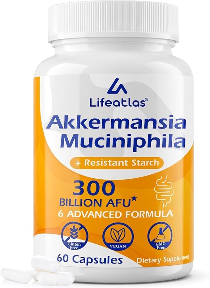 Lifeatlas Akkermansia Supplement Probiotic | Akkermansia with 300 Billion AFU Akkermansia Probiotic 6-in-1 Akkermansia Probiotics for Women and Men Daily Akkermansia Supplement 60 Caps