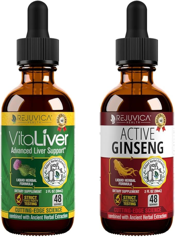Rejuvica Health Vitaliver + Active Ginseng - Advanced Liver &amp Energy Support Bundle - Liquid Delivery for Better Absorption - Milk Thistle Chanca Piedra Artichoke Dandelion &amp More!