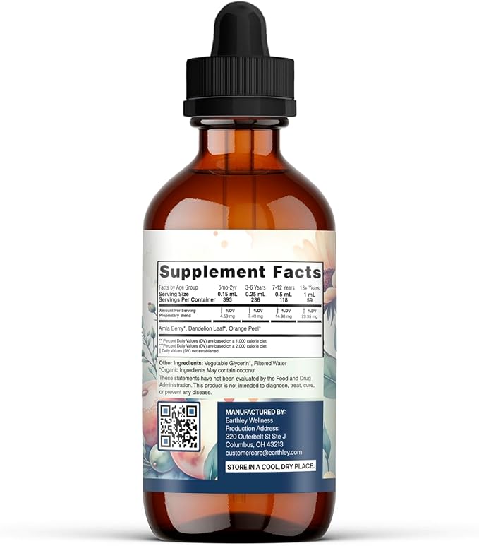 Earthley Wellness Vita-C A Natural Source of Vitamin C Whole Food Form of Vitamin C Extracted from Amla Berries Orange Peel and Dandelion Leaf (2oz)