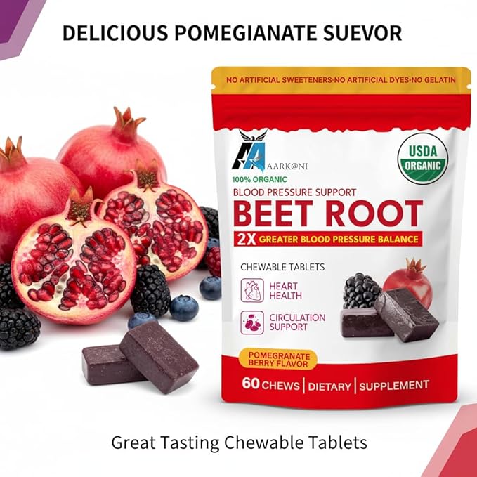Aarkani Organic Beet Root Chewable Tablets Blood Pressure Support 60 Count Pomegranate Berry Flavor