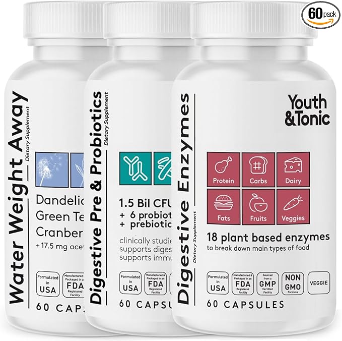 Youth &amp Tonic Bloating Relief with Pre and Probiotics for Water Retention Occasional Constipation or Food Digestion with Water Pills and Digestive Enzymes Bundle Pack