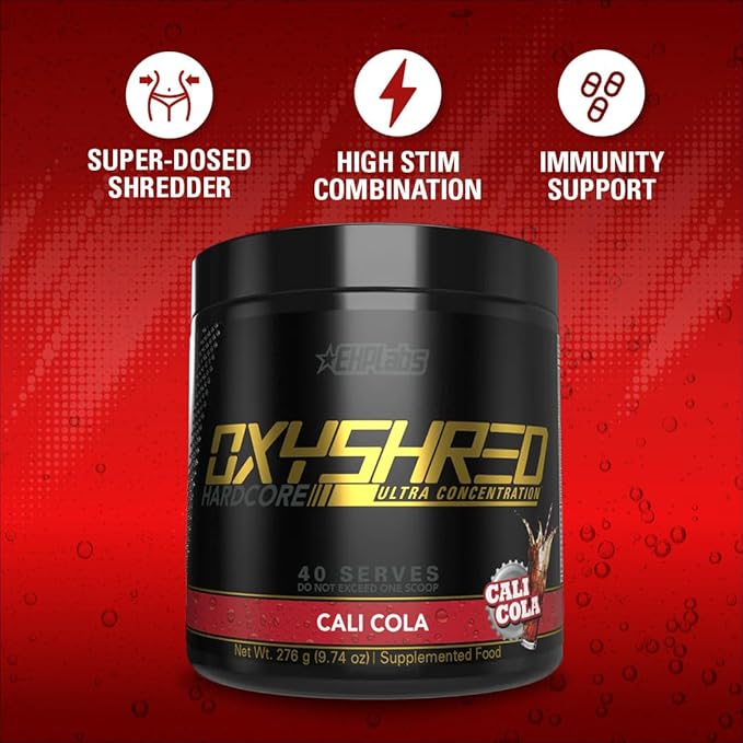 EHP Labs OxyShred Hardcore Super Dosed Pre Workout Powder - Preworkout Powder with L Glutamine &amp Acetyl L Carnitine Energy Boost Drink - 275mg of Caffeine - Cali Cola 40 Servings