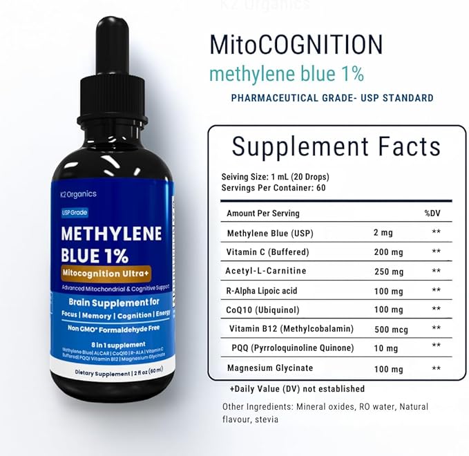 Methylene Blue Drops 2oz-MitoCognition Ultra+ 8-in-1 Pharmaceutical Grade 1% Solution Support Focus Memory Cognition and Energy–No Formaldehyde Third-Party Tested Brain Health Supplement for Humans