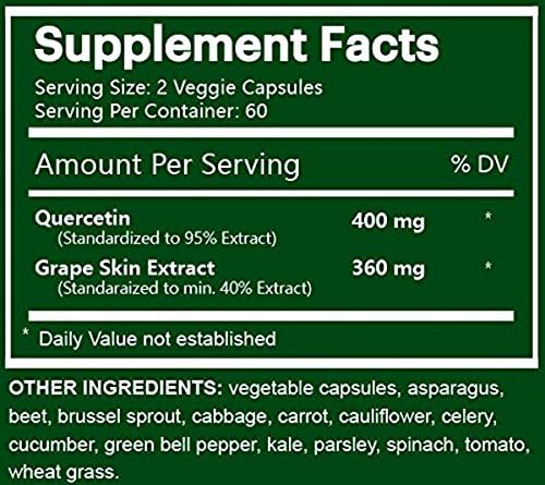 Quercetin with Grape Skin Extract - Plant-Based Supplement to Support Immune System Function Respiratory Health &amp Body's Natural Response to Occasional Allergies - 400mgh 120 Veggie Capsule