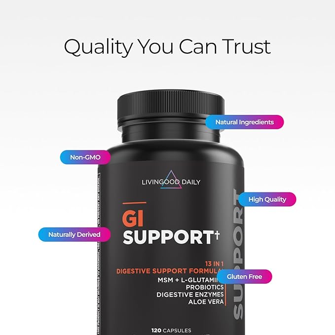 Livingood Daily Gut Cleanse Detox Supplement 13-in-1 GI Support with L Glutamine Aloe Vera Digestive Enzymes Probiotics &amp MSM Vegetarian Capsules Gluten Free Non GMO Allergen Free 120 Cou