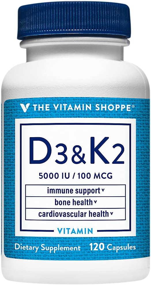 The Vitamin Shoppe Vitamin D3 K2 5000 IU - Bone Density &amp Heart Health | D3 + K2 MK-7 | 120 Capsules | Synergistic Formula