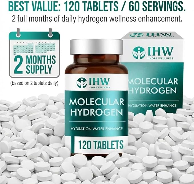 Hydrogen Water Tablets 12ppm with Magnesium 120 Tablets Brain Health Cognition Function Cellular Energy Boost Antioxidant Promote Metabolism Non-GMO &amp Gluten Free