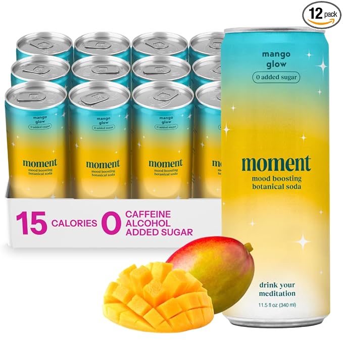 Moment Botanical Soda Soft Drink (Shark Tank) - SPARKLING Drinks | Mango Glow | L-Theanine &amp Ashwagandha for Calm &amp Clarity | 0 Added Sugar 0 Caffeine | 12-pack