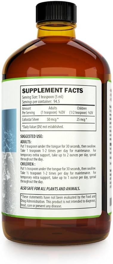 Kaiame Naturals Colloidal Silver Ionic Silver Solution 10 PPM Large 16 oz Glass Bottle Natural Immune Support Supplement Safe for Adults Children and Pets