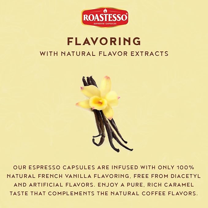 Roastesso Aluminum Espresso Capsules French Vanilla Natural Flavored Coffee Compatible with Nespresso Original Machines Medium Roast Intensity 7 Recyclable Coffee Pods Packed in USA (40 Count)