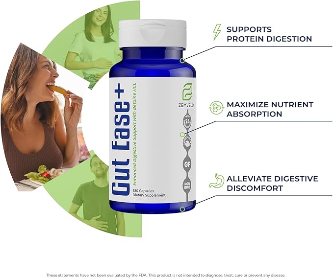 Gut Ease+ Betaine HCl Supplement - Supports Healthy Digestion and Nutrient Absorption - Promotes Balanced HCL Levels with Betaine Hydrochloride - 90 Servings