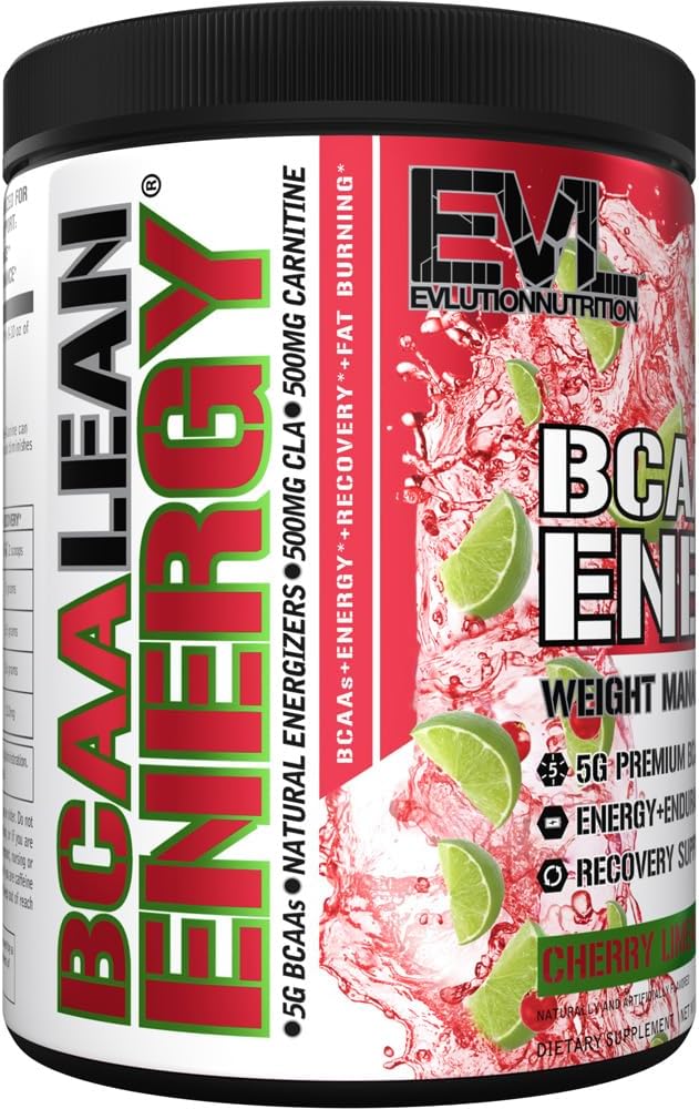 EVL BCAA Lean Energy Powder - Pre Workout Green Tea Fat Burner Support with BCAAs Amino Acids and Clean Energizers - Post Workout Recovery Drink for Lean Muscle Recovery - Cherry Limeade