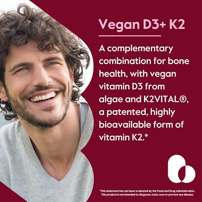 BESTVITE Vegan Vitamin D3 5000 IU + Vitamin K2 100 mcg as MK-7 (120 Vegetarian Capsules) - No Stearates - Vegan - Non GMO - Gluten Free