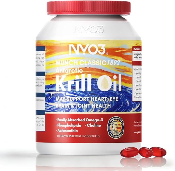 NYO3 Pure Antarctic Krill Oil Omega 3 Supplement Beyond Fish Oil with Choline &amp Antioxidant Astaxanthin for Heart Brain GMP Third Party Tested No Fishy Burps - 425mg 30 Softgels