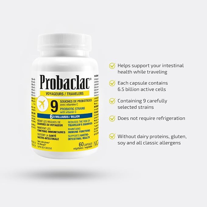 Probaclac Natural Travelers Probiotics Reducing Risk of Diarrhea Contains Vitamin C Immune Support Gluten Free Travel Size Vacation Cruise and Airplane Travel Essentials Vegan 60 Capsules