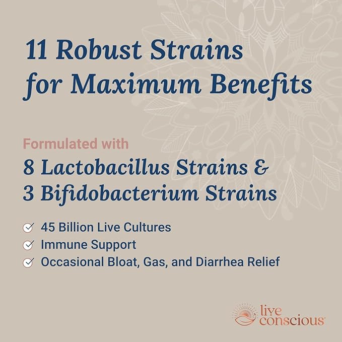 Live Conscious PRO45 Probiotics for Women &amp Men: Comprehensive Formula 45 Billion CFU 11 Strains Dairy Free - w/Prebiotics and Probiotics - Promotes Immune &amp Gut Health - 30 Veggie Caps